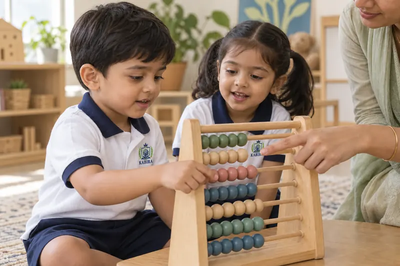 Illustrative scene of children counting wooden abacus beads
