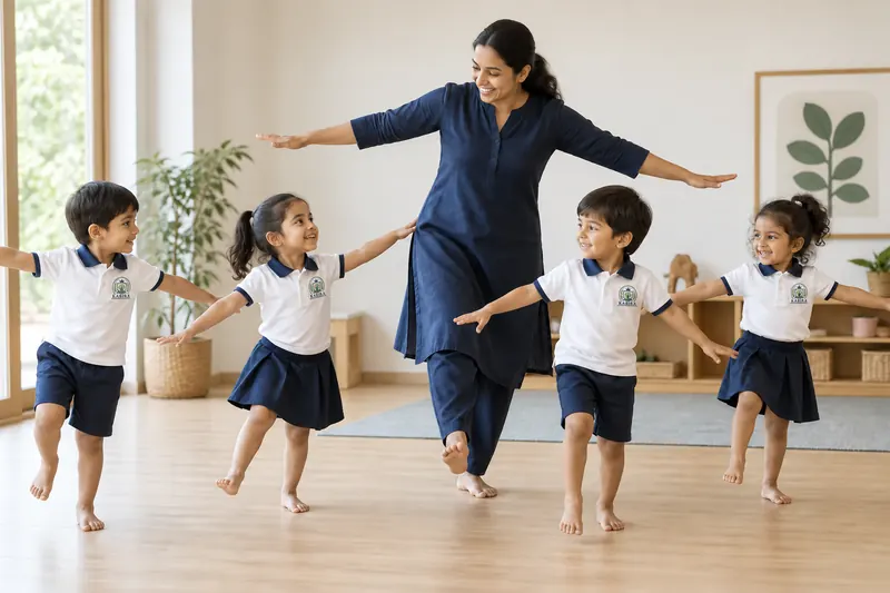 Illustrative scene of preschool children exploring movement with a teacher