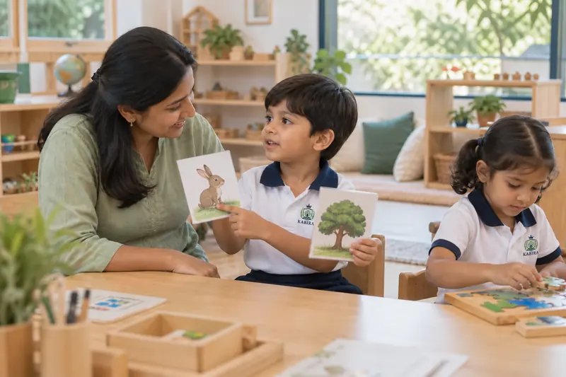 Illustrative scene of a teacher listening as a child chooses a picture card