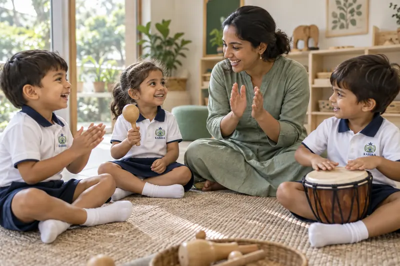 Illustrative scene of children making rhythms with a drum, maraca and clapping