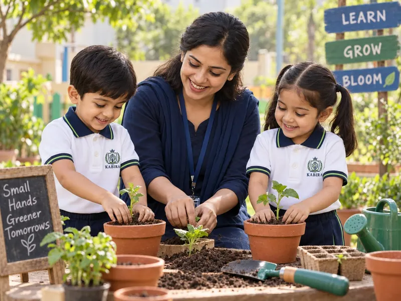 Illustrative scene of children planting seedlings