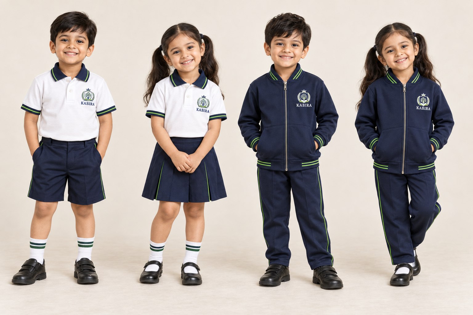 Full-length summer and winter Kabira uniform designs for boys and girls, with embroidered school crests
